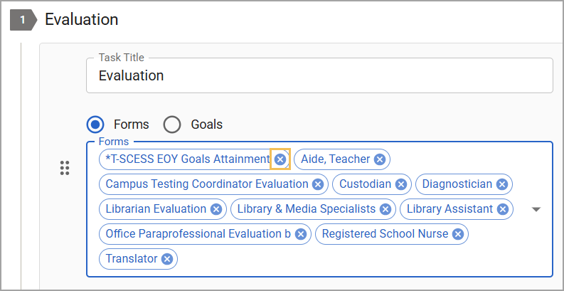 Evaluation task with various forms and highlighted T-SCESS form for removal.